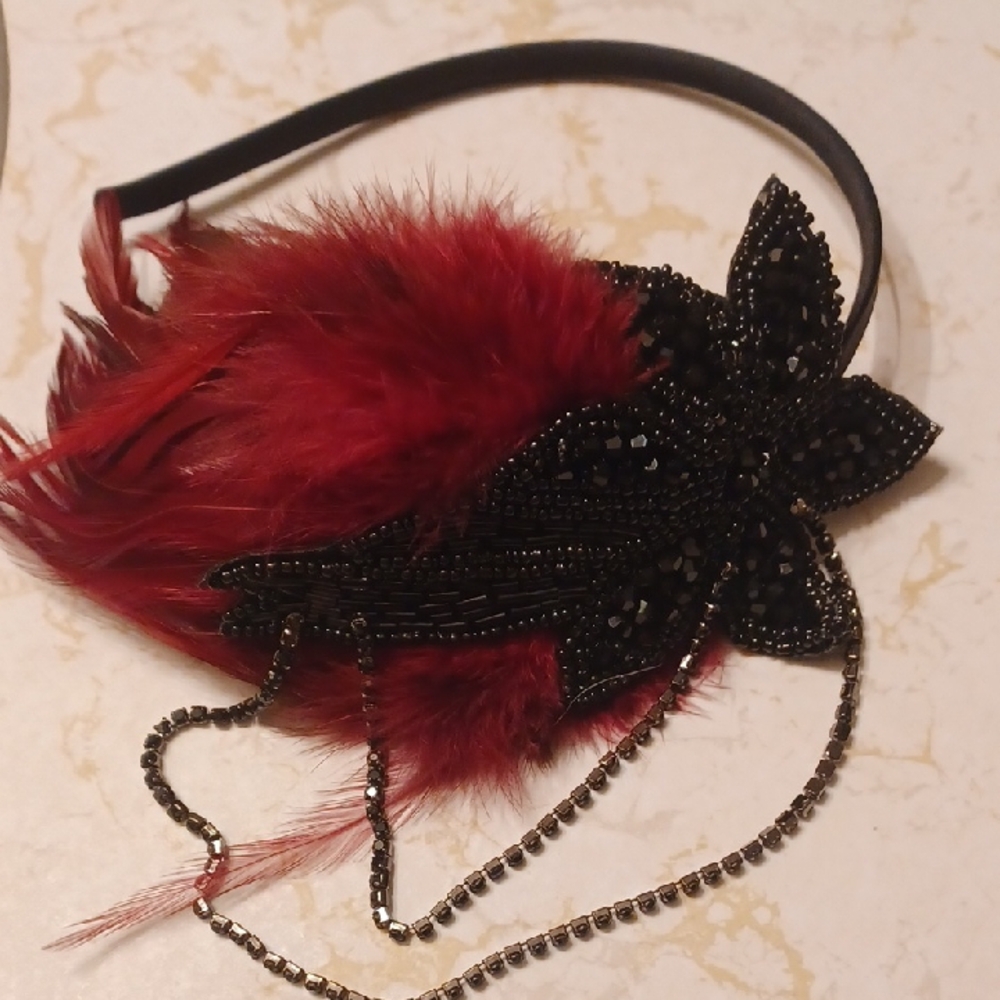 Red Feather & Black Beaded Flower Headband